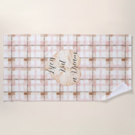 Toalla De Playa Pink Brown White Plaid Stripes Leaf