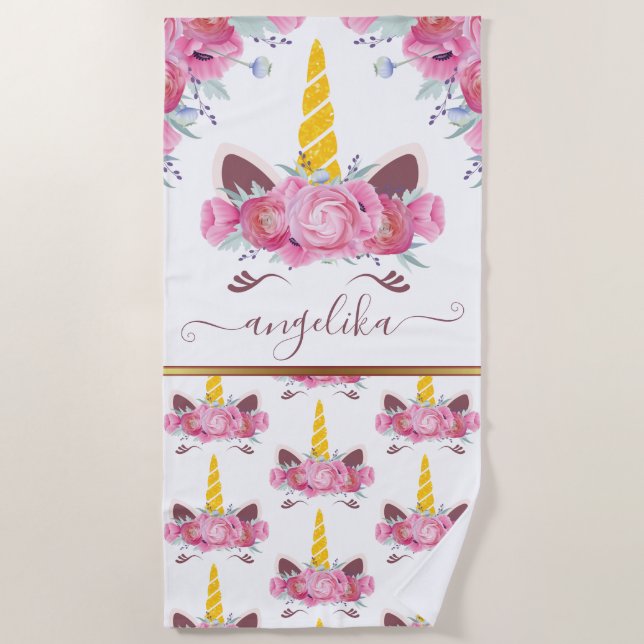 Toalla De Playa Pink California Poppies Floral Unicorn Head (Anverso)