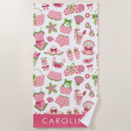 Toalla De Playa Pink & Green Coquette Summer Beach Vacation