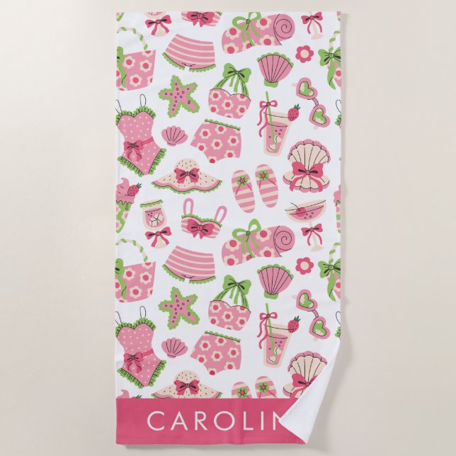 Toalla De Playa Pink & Green Coquette Summer Beach Vacation (Anverso)