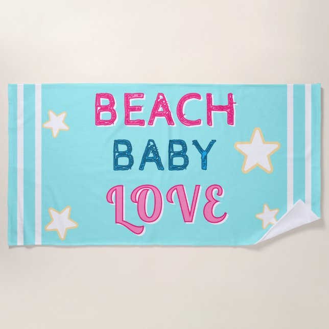 Toalla De Playa Pink Light Blue Beach Baby Love Stars (Anverso)