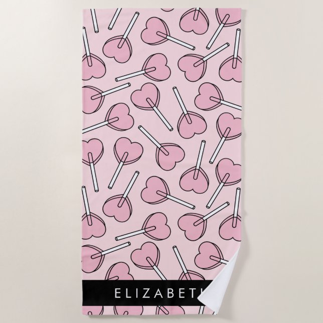 Toalla De Playa Pink Lollipops, Heart Lollipops, Lolly, Your Name (Anverso)