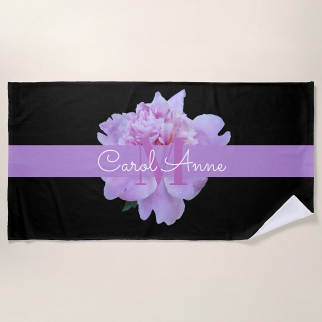Toalla De Playa Pink Peony Floral Monograma Morado Negro (Anverso)