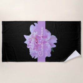 Toalla De Playa Pink Peony Floral Monograma Morado Negro