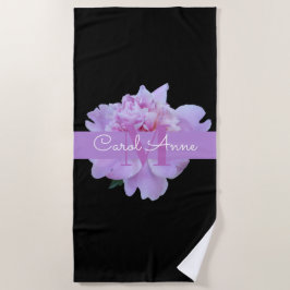 Toalla De Playa Pink Peony Floral Monograma Morado Negro