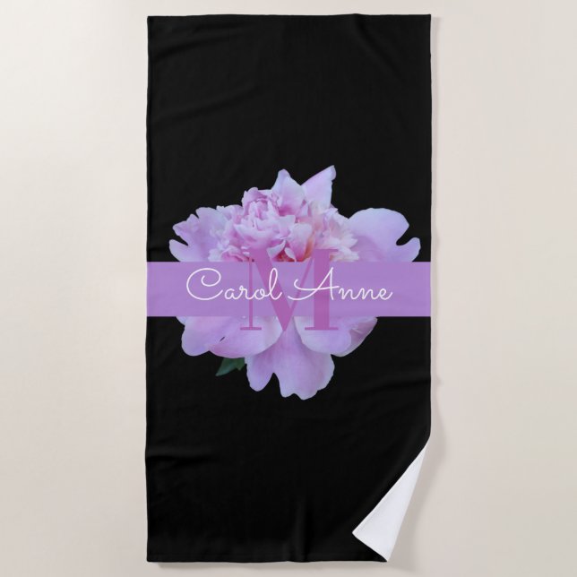 Toalla De Playa Pink Peony Floral Monograma Morado Negro (Anverso)