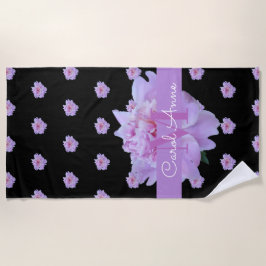 Toalla De Playa Pink Peony Floral Monograma Morado Negro