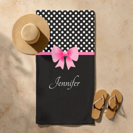 Toalla De Playa Pink Ribbon Black & White Polka Dots Name