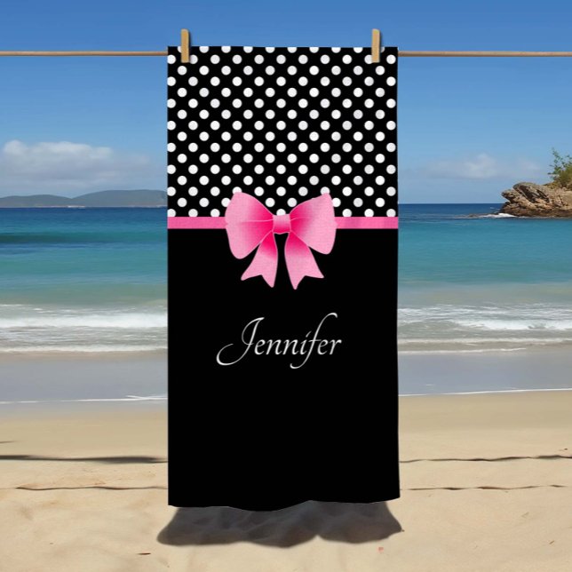 Toalla De Playa Pink Ribbon Black & White Polka Dots Name (Custom Name Pink Ribbon Black & White Polka Dots Name Beach Towel)