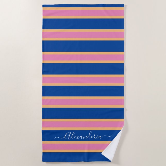 Toalla De Playa Pink Tangerine White Modern Preppy Stripes Beach (Anverso)