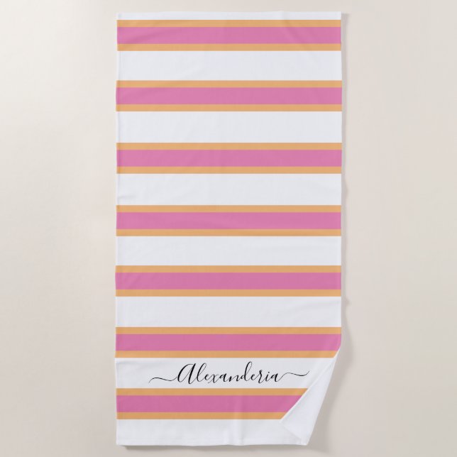Toalla De Playa Pink Tangerine White Modern Preppy Stripes Beach (Anverso)