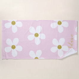 Toalla De Playa Pink White Simple Daisy Gold Personal