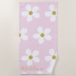 Toalla De Playa Pink White Simple Daisy Gold Personal