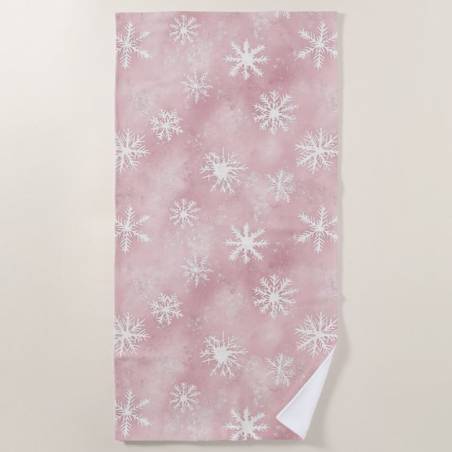 Toalla De Playa Pink White Snowflakes Christmas (Anverso)