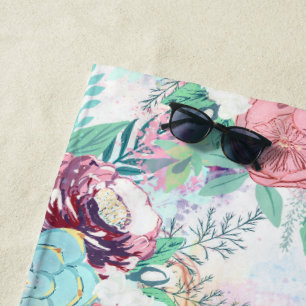 Toalla De Playa Pinta de menta rosa suave y pintura de mano floral