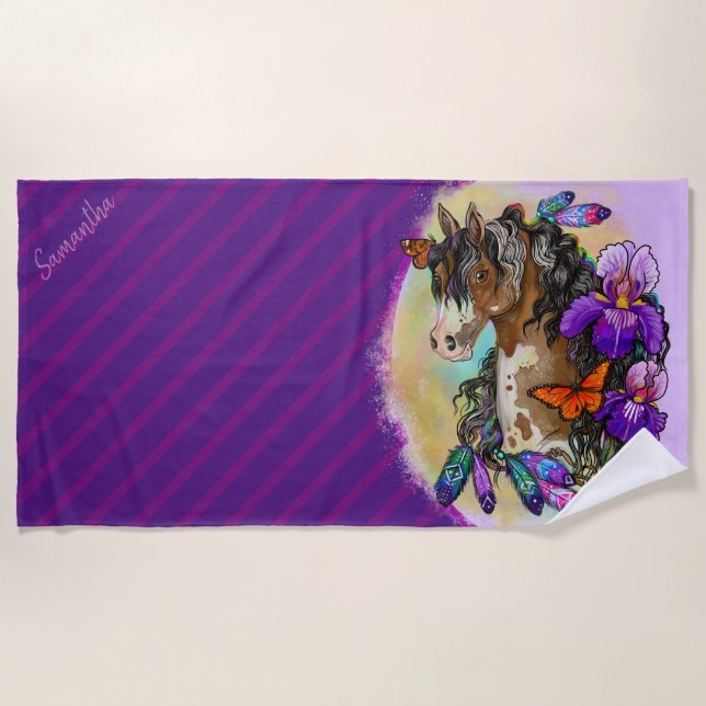 Toalla De Playa Pintar caballo Mustang con iris y mariposas (Anverso)