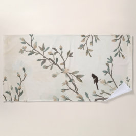 Toalla De Playa Pintura Acuarela Beige Rama de Pájaro Naturaleza