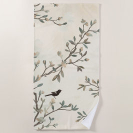Toalla De Playa Pintura Acuarela Beige Rama de Pájaro Naturaleza