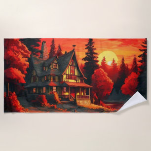 Toalla De Playa Pintura de atardecer con cabaña y lago-66633