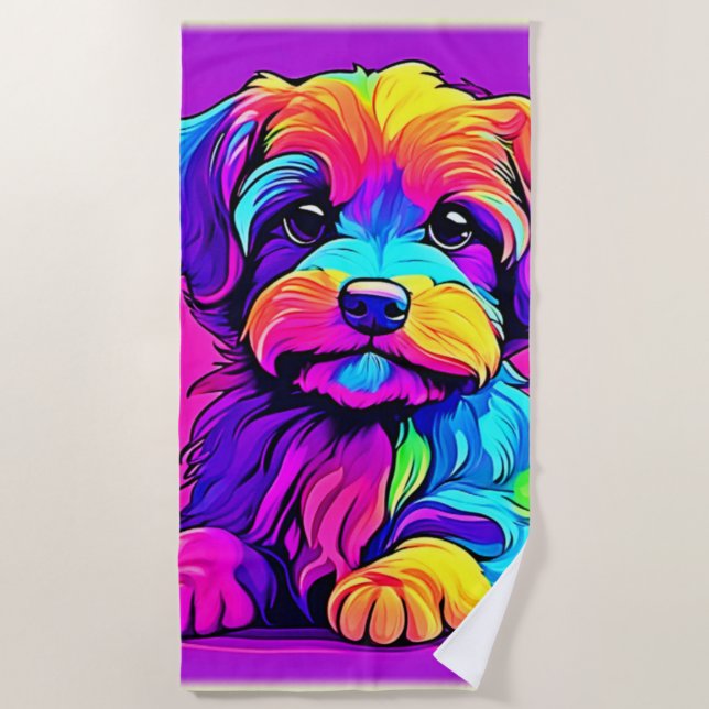 Toalla De Playa Pintura de cachorro arco iris (Anverso)
