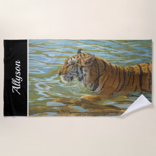 Toalla De Playa Pintura De Natación De Tigres   Nombre DIY   Negro