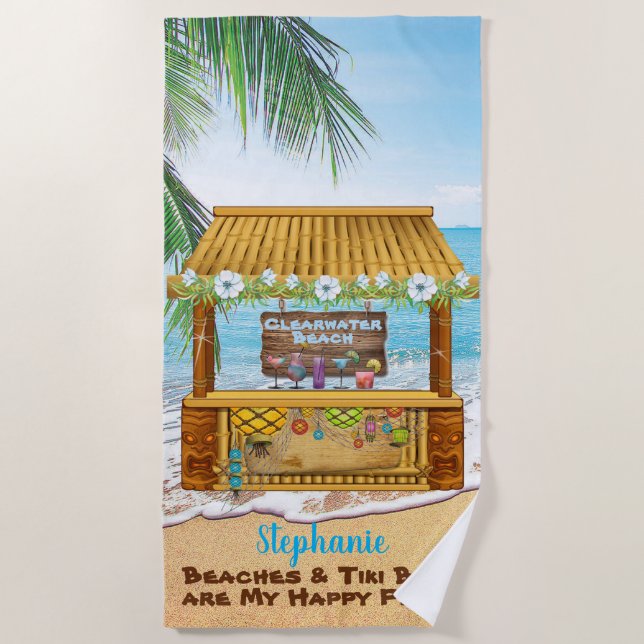 Toalla De Playa Pintura de paisaje tropical azul del bar Tiki Beac (Anverso)