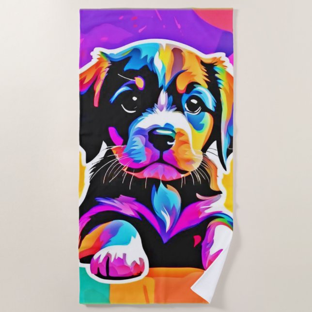 Toalla De Playa Pintura vibrante de cachorros (Anverso)