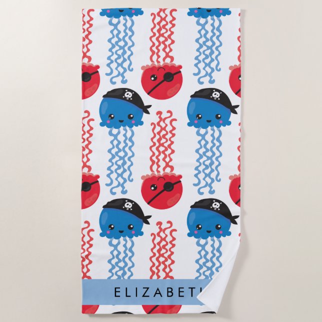 Toalla De Playa Pirate Jellyfish, patrón de medusas, tu nombre (Anverso)