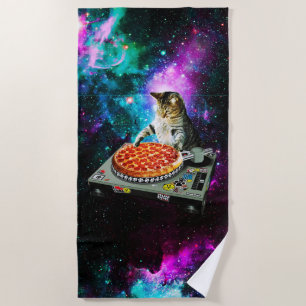 Toalla De Playa Pizza del gato de DJ del espacio