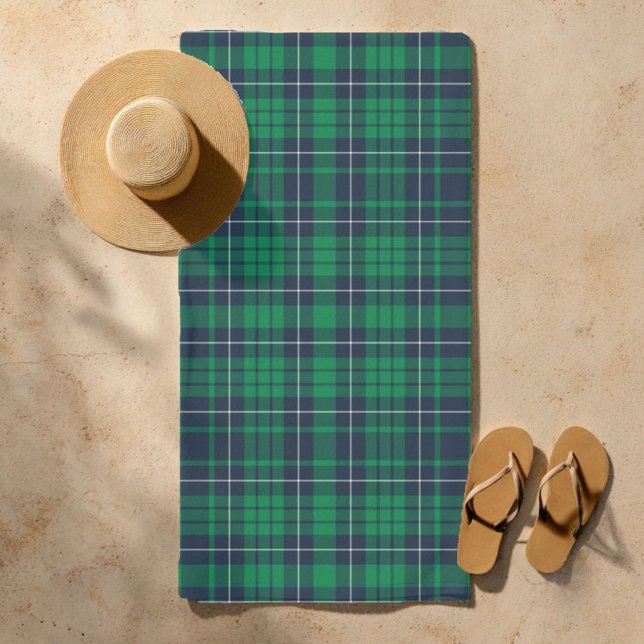 Toalla De Playa Placa azul verde clásico (Classic Green Blue Plaid Beach Towel)