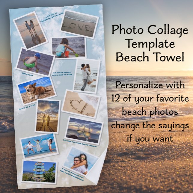 Toalla De Playa Plantilla de Collage de fotos de Ocean Beach (Ocean Beach Photo Collage Template - 12 of your favorite photos - change the sayings if you want)