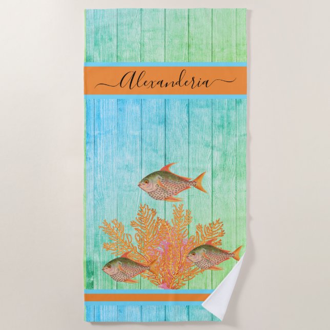 Toalla De Playa Playa costera Pescado tropical Verde azulado Azul  (Anverso)