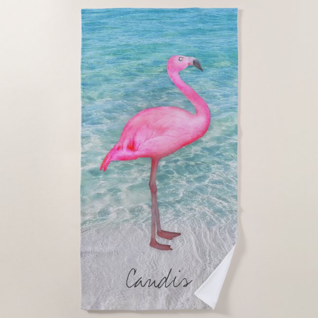 Toalla De Playa Playa de arena tropical personalizado rosa Flaming (Anverso)