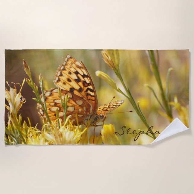 Toalla De Playa Playa de mariposa amarilla, nombre, (Anverso)