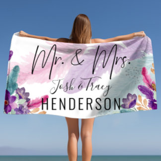 Toalla De Playa Plumas y Flores Sr y Sra Boda Personalizada