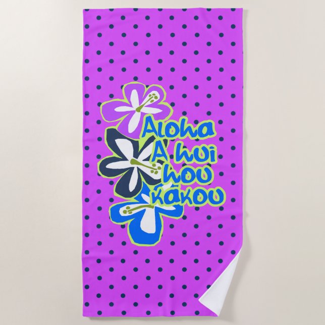Toalla De Playa Pokii Hawaiano Aloha Hibiscus Purple Polka Dot (Anverso)