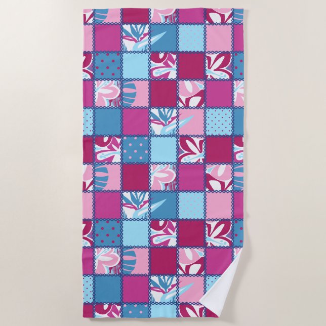 Toalla De Playa Pokii Hawaiano Floral y Dot Patchwork Pink (Anverso)