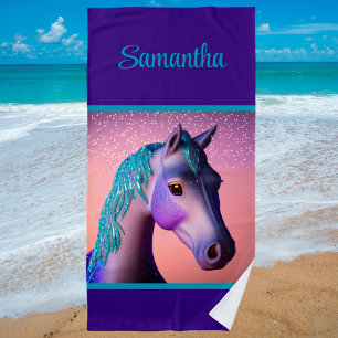 Toalla De Playa Pony mágico en morado y Verde azulado con nombre p
