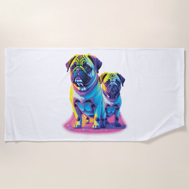 Toalla De Playa Pop Pugs en rosa (Anverso)