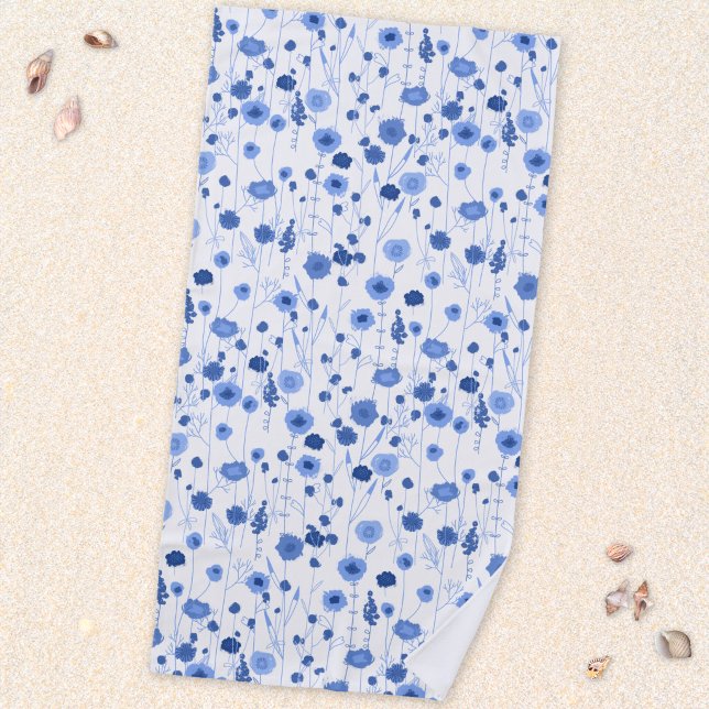 Toalla De Playa Pradera floral botánica de flores silvestres azule (Blue and white coastal wildflower art beach towel)