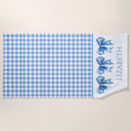 Toalla De Playa Preppy Blue y White Gingham y Bow