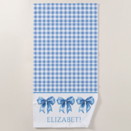Toalla De Playa Preppy Blue y White Gingham y Bow