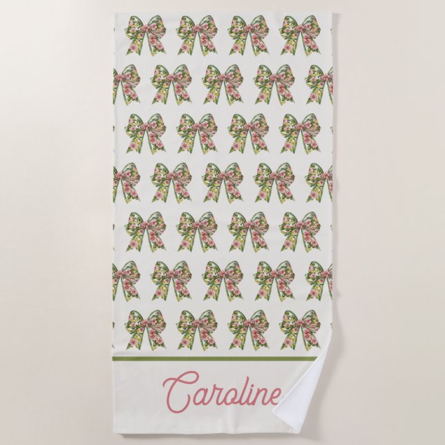 Toalla De Playa Preppy Floral Pink and Green Bow Personalized (Anverso)