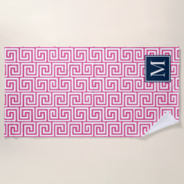 Toalla De Playa Preppy Greek Key Monogram – Hot Pink & Navy