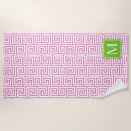Toalla De Playa Preppy Greek Key Monogram – Pink & Lime Green