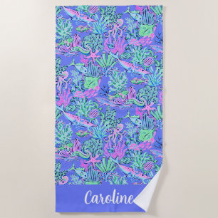 Toalla De Playa Preppy Palm Beach Lavender Sealife Personalizada