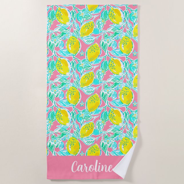 Toalla De Playa Preppy Palm Beach Lemons rosa personalizado (Anverso)