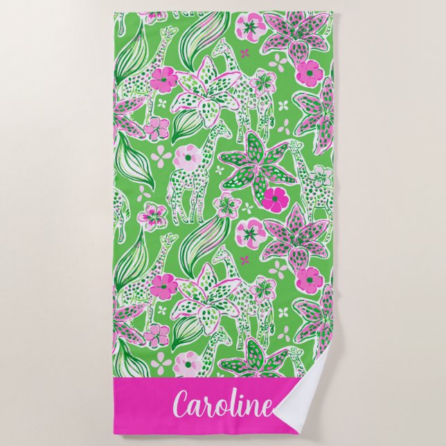 Toalla De Playa Preppy Palm Beach Pink Green Giraffes Personalizad (Anverso)