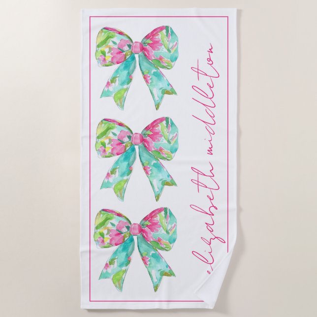 Toalla De Playa Preppy Pink and Green Bows Personalizados (Anverso)