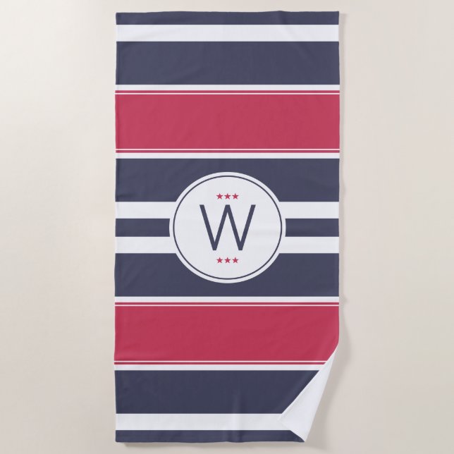 Toalla de playa Preppy Red, White & Blue Stripe (Anverso)